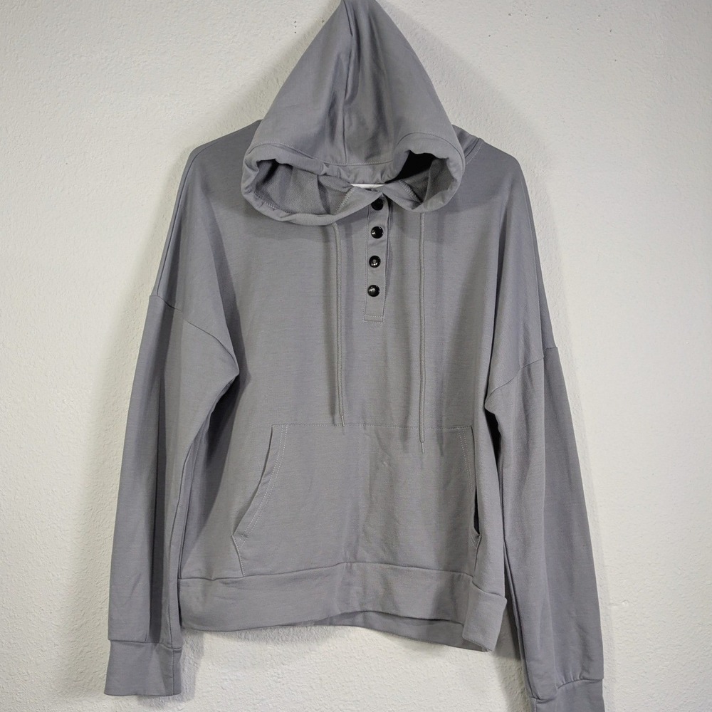 Gray Henley Button Hoodie Size L Long Sleeve Kangaroo Pocket Pullover